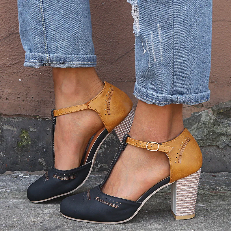 HEFLASHOR/летние женские туфли-лодочки; туфли на высоком квадратном каблуке; женские свадебные модельные туфли на платформе с круглым носком и Т-образным ремешком на квадратном каблуке