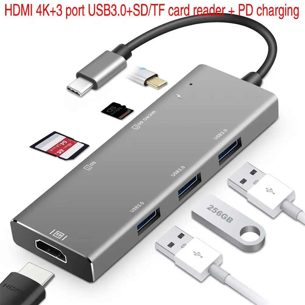 

7 IN 1 HUB 3.0 USB Type C to HDMI 4K Video SD/Micro SD/ TF Card Reader Adapter 3 Ports USB 3.0 Splitter Type C to USB 3.0 USB C