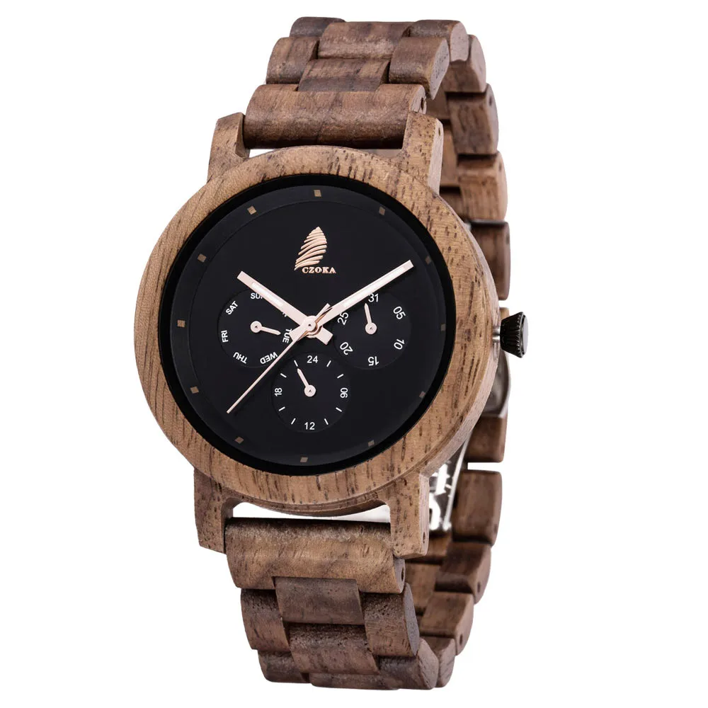 

CZOKA Men's/Women Wooden Watch Wrist Watches 100%Natural Wooden Quartz Movement Clock Military Quartz Watches Date/Week display