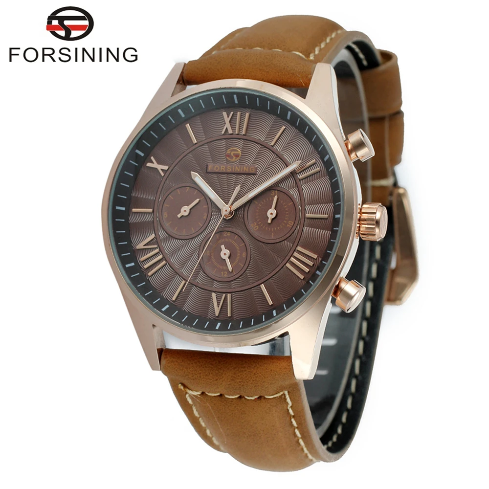 

FORSINING Brand Mens Classic Brown Genuine Leather Automatic Mechanical Watch Simple Style Roman Wristwatch Relogio Releges