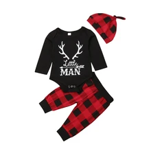 FOCUSNORM/Рождественская Одежда для новорожденных мальчиков с оленем; комбинезон с длинными рукавами; длинные клетчатые штаны; шапка; комплект из 3 предметов