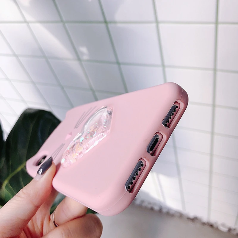 Tfshining Cute Liquid heart quicksand Phone Cases Cover For Iphone 7 8 6 6s Plus X 3D Cartoon Beard Lucky Cat Silicone Coque New (9)