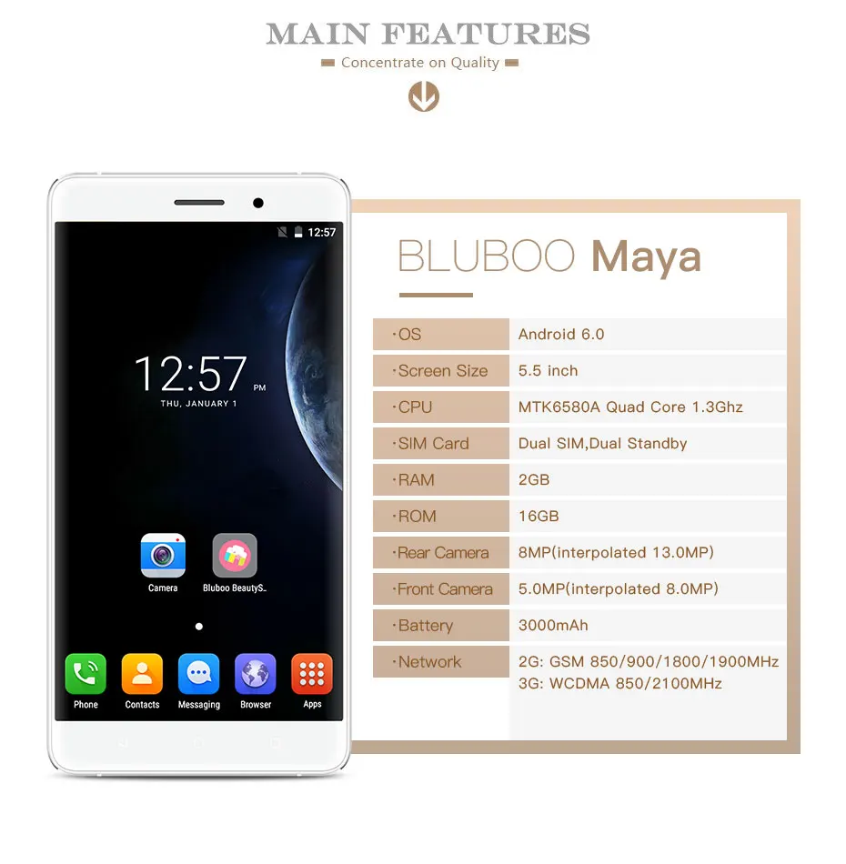 Bluboo Maya 3g Мобильный телефон 5," HD 3000mAh WCDMA MTK6580 четырехъядерный Android 6,0 2G+ 16G 13MP задняя камера смартфон