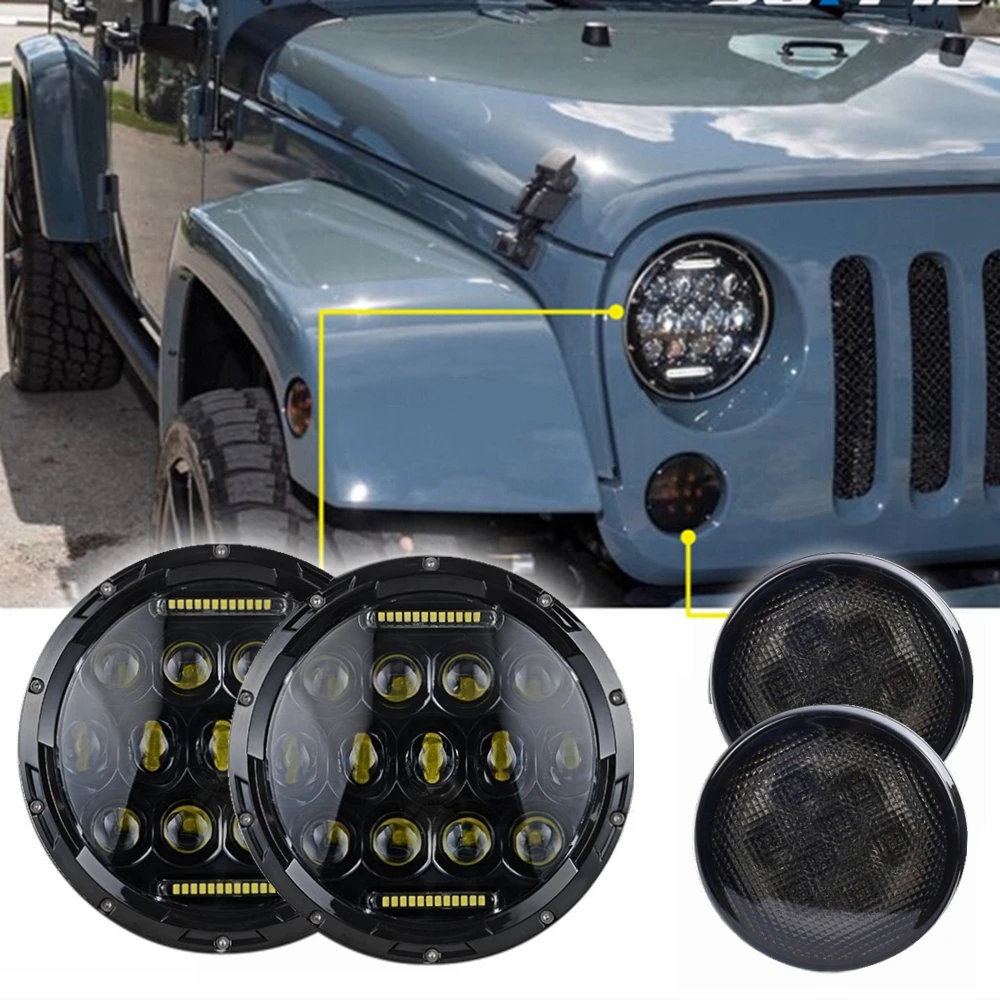 

2X PCS H13 H4 H/L 7" Round Headlight & Front Signal Turn Light For Jeep Wrangler