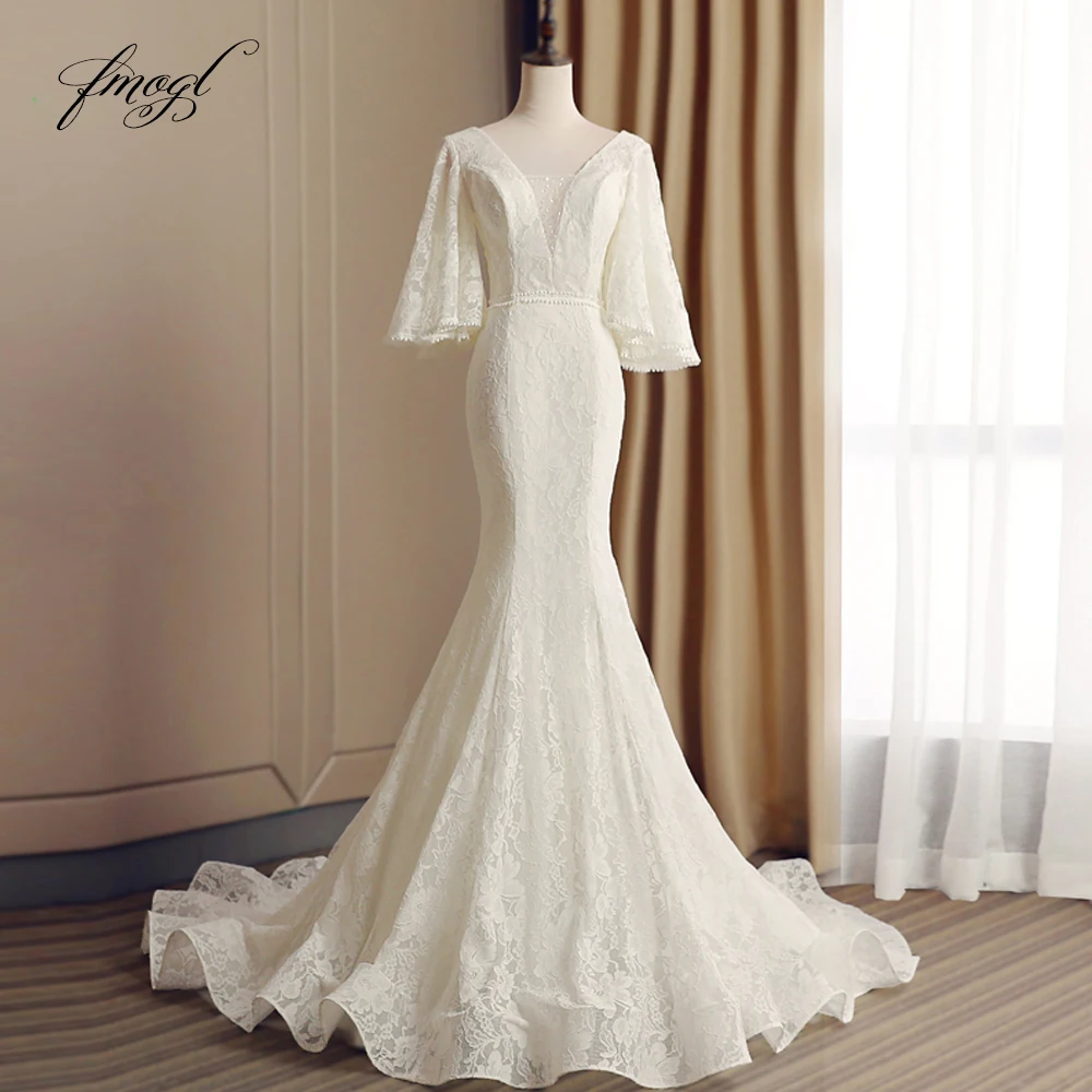 

Fmogl Sexy Backless Lace Mermaid Wedding Dress 2019 Three Quarter V Neck Beaded Trumpet Bride dresses Vestido De Noiva
