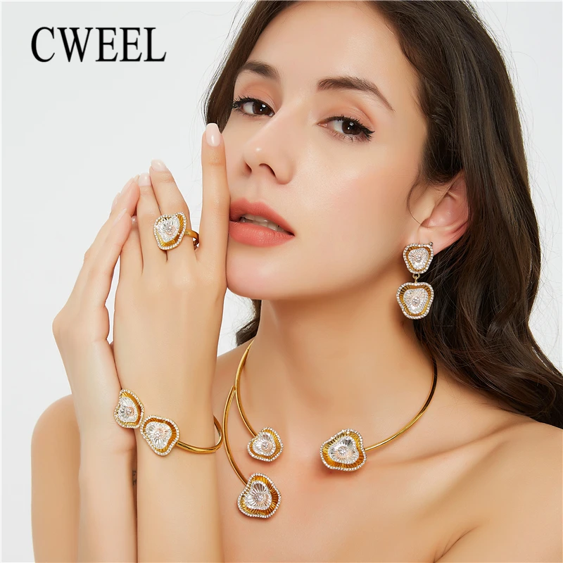 CWEEL, наборы свадебных ювелирных изделий для женщин, Свадебный золотой цвет, индийский кристалл, ожерелье, набор, серьги, Женские Ювелирные наборы из Дубаи