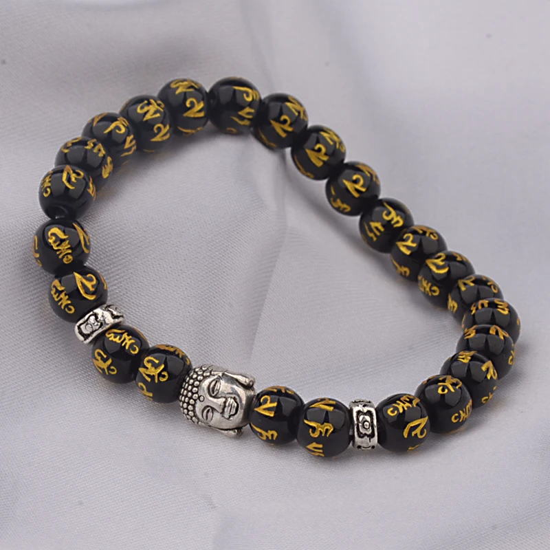 Women’s Retro Tibetan Black Beads Carve Mantra Om Mani Amulet Bracelet Men Vintage Buddhist Meditation Jewelry AB285