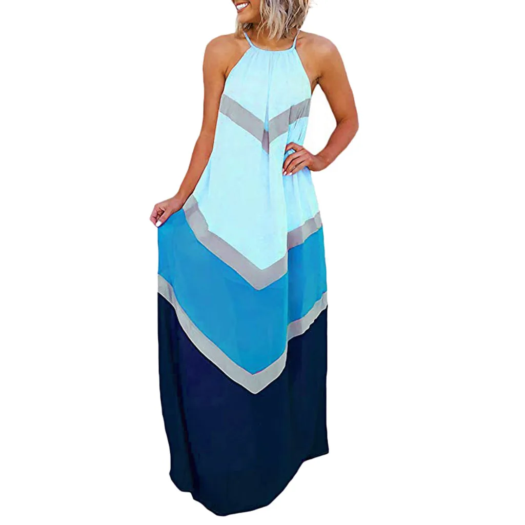 

Summer Dress Women Halter Striped Color Patchwork Pleated Back Hollow Out Maxi Long Dresses Woman Party Night Dress Girl Clothes