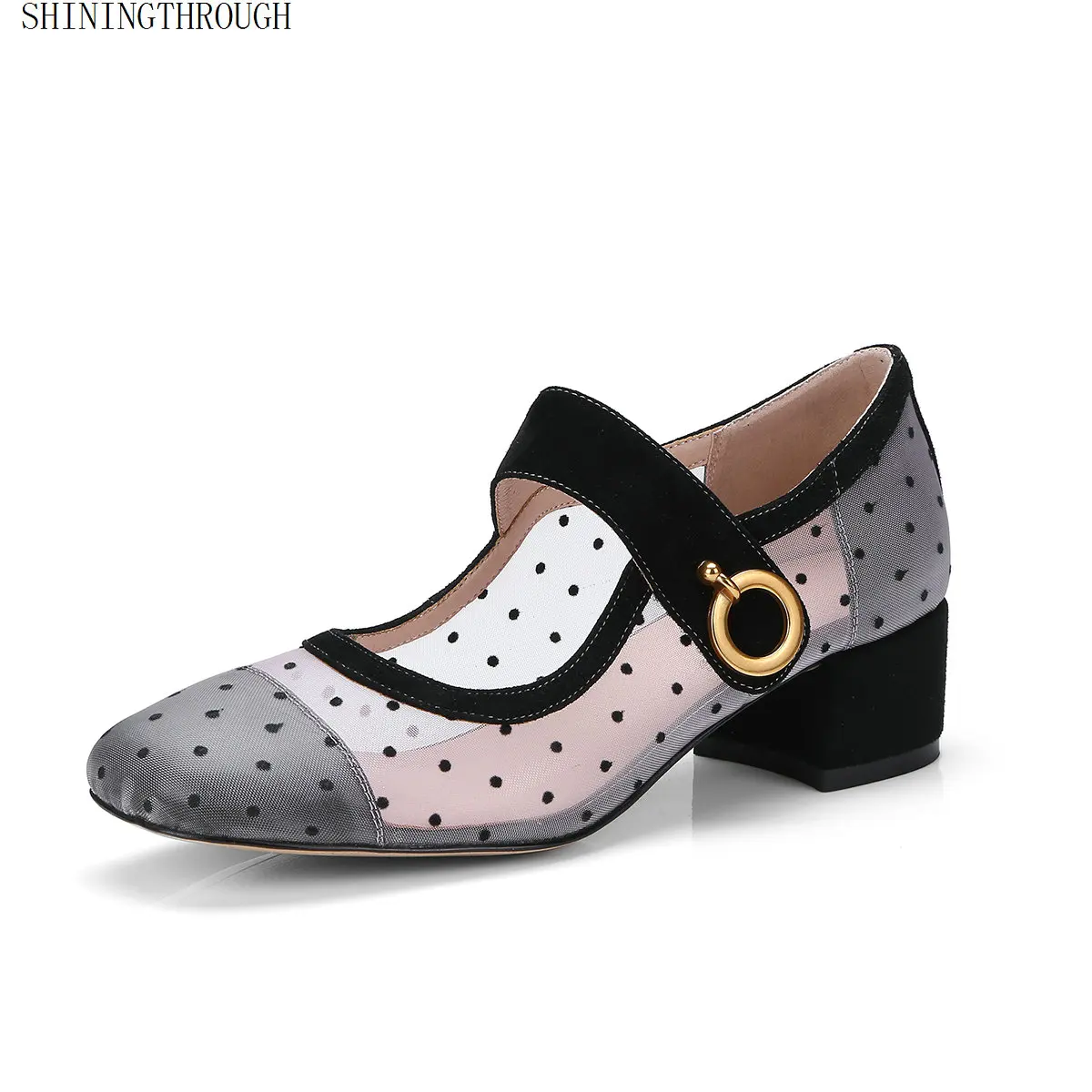 

2019 New air mesh ladies mary janes 5cm square heels women shoes summer dress casual shoes woman