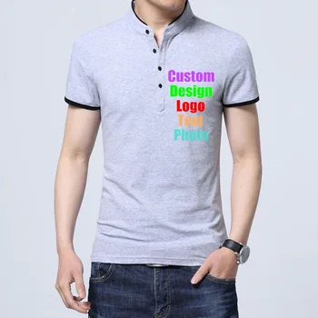 

Custom Made Logo Photo Text Printed Men T shirt buttons up stand collar patchwork smart business company Team Man Tee Shirts 4XL