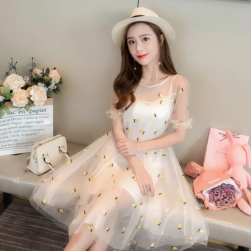 

Women Mesh Dresses Summer Elegant Ladies Evening Party Dress Short Sleeve O Neck Pineapple Embroidery Dress For Women 2019