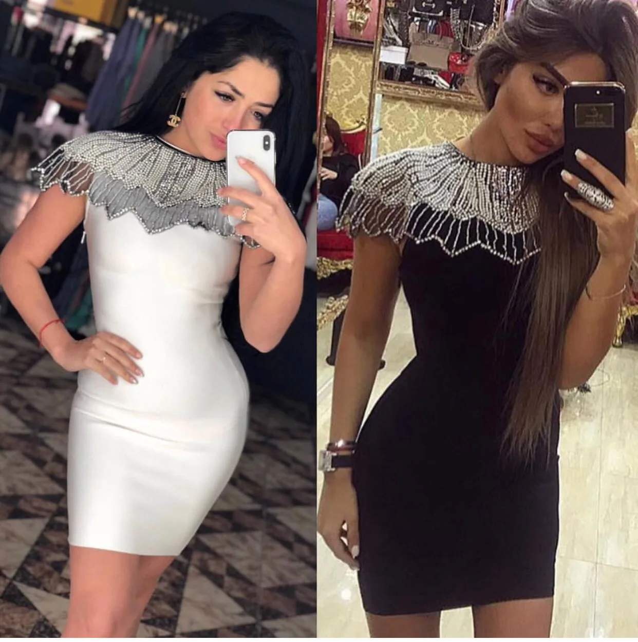 

KLEEZY New Fashion Crystal Ruffles Sleeveless Elegant O-Neck Sexy Party Above Knee Mini Sheath Dress DHB499