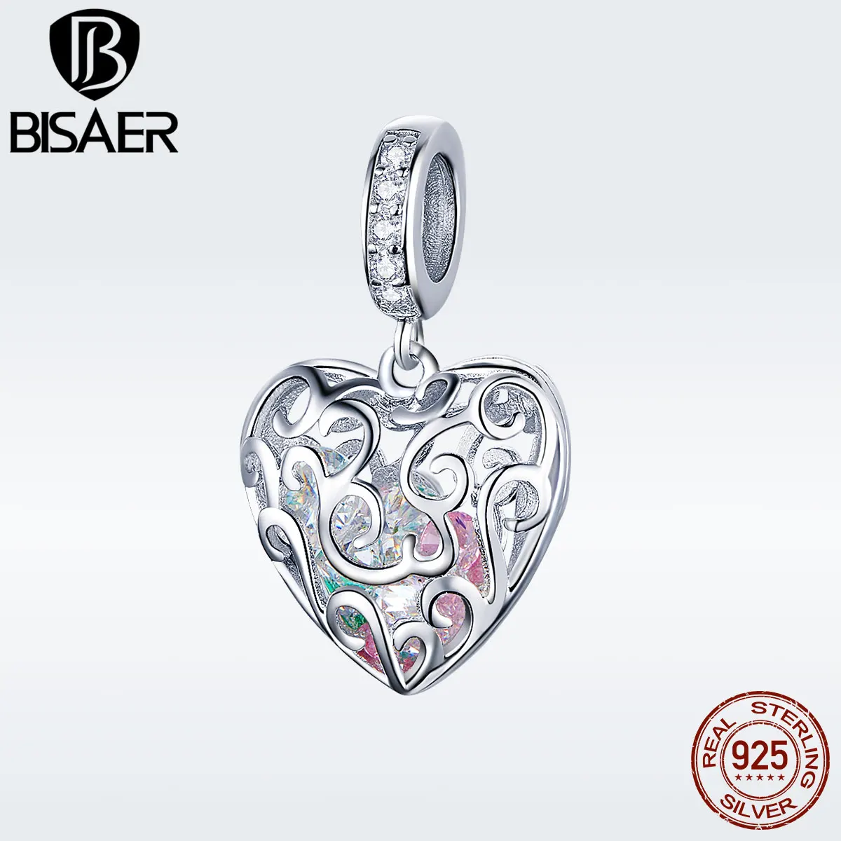 

2019 BISAER 925 Sterling Silver Openwork Heart With Pink Stone Inside Pendant for Women Necklace Bijoux Fashion Jewelry GXC1126