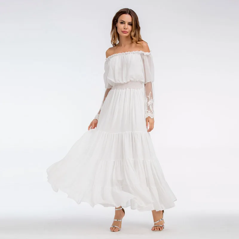 Sexy Off The Shoulder See through Floral Lace Vestidos Holiday Summer Beach Long Dress Tiered Pleated Backless White Maxi Dreses long-white-lace-dress