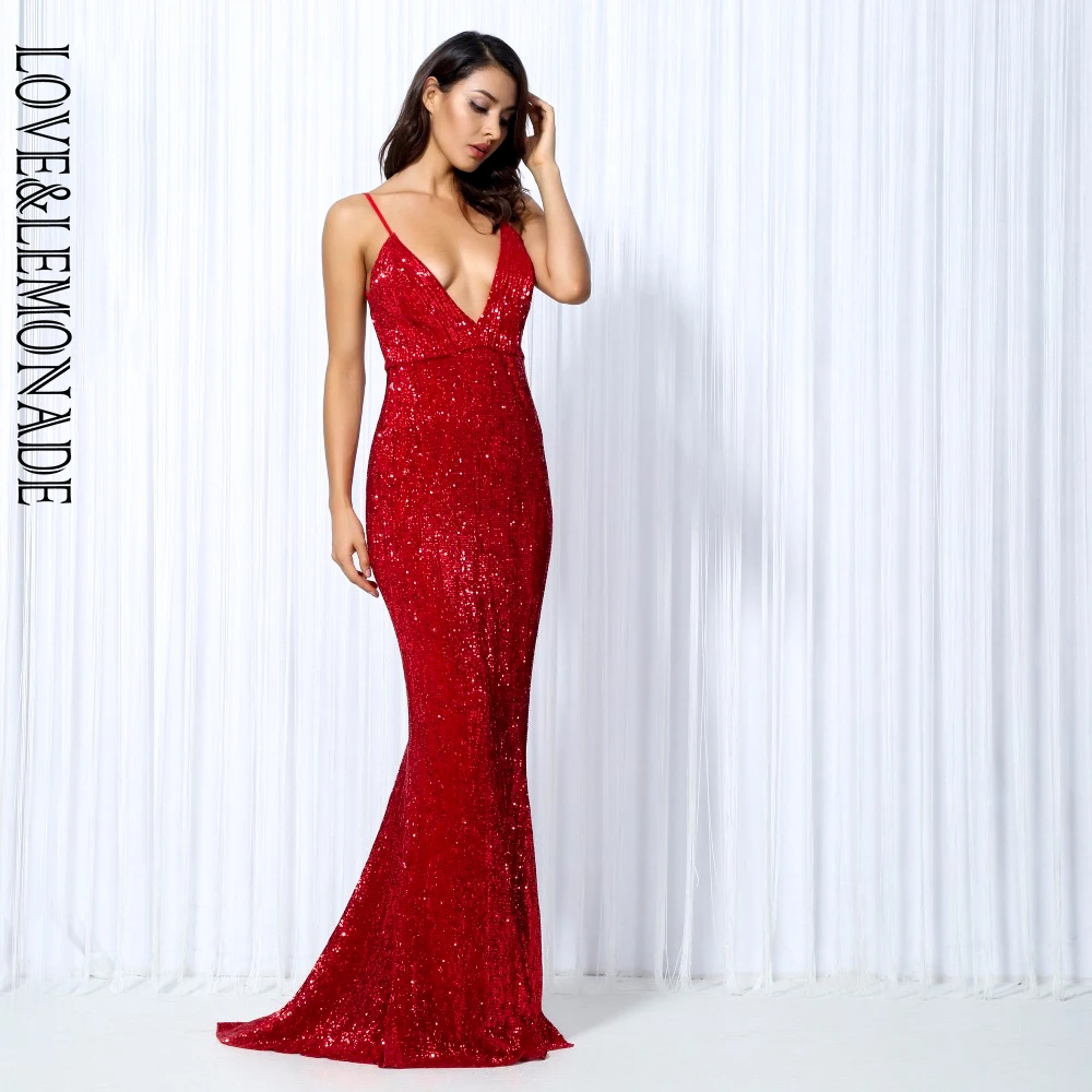 Женское длинное платье LOVE & LEMONADE красное эластичное с блестками модель LM80119|maxi