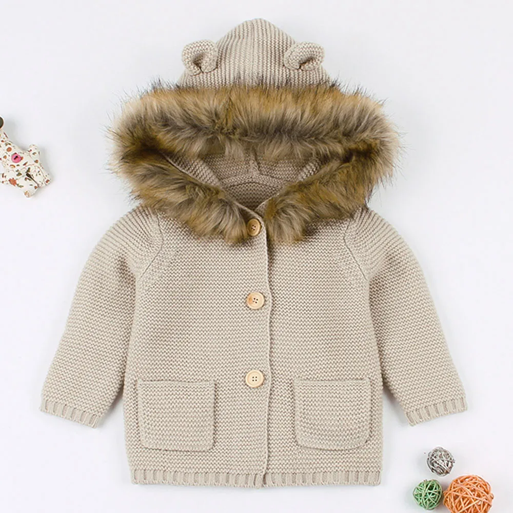 TELOTUNY/толстое теплое пальто для маленьких мальчиков и девочек с меховым плюшем и бархатным воротником; вязаные топы с капюшоном; теплое пальто; куртка; одежда; Z1025 - Цвет: KH