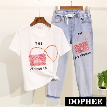 

2019 New Summer Women's Jeans Suit Pearl Sequin Bag Printed T-shirt + Elastic Waist Ankle Length Denim Pants Two-piece Sets