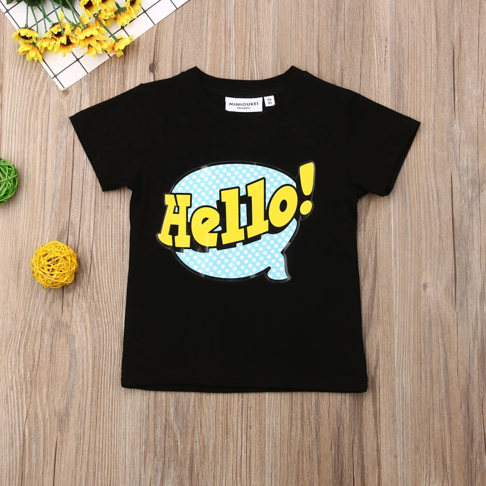 Коллекция года, модные хлопковые топы с принтом «Hello» для маленьких мальчиков и девочек, футболки, одежда