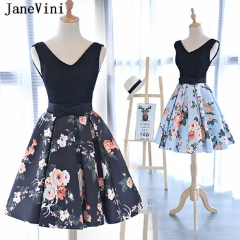

JaneVini Short Bridesmaid Dresses Satin V Neck Floral Print Bow Sashes Backless A Line Formal Prom Gowns Vestidos Para Formatura