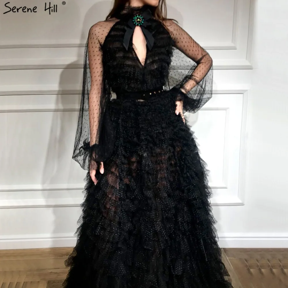 Черное перспективное сексуальное вечернее платье с бантом, с вырезом, с длинными рукавами, вечерние платья Serene Хилл LA60906