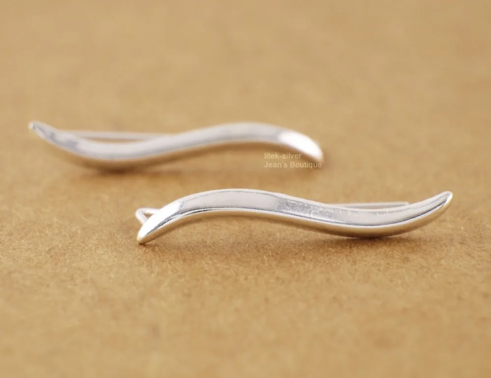

925 Solid Sterling Silver Simple Wavy Cuff Climber Crawler Hook Earrings A1330