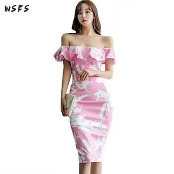 

Summer Dresses Slash Neck Off Shoulder Ruffles Pink Floral Women Dress Bandage Bodycon Sexy Party Ladies Midi Pencil Wrap Dress