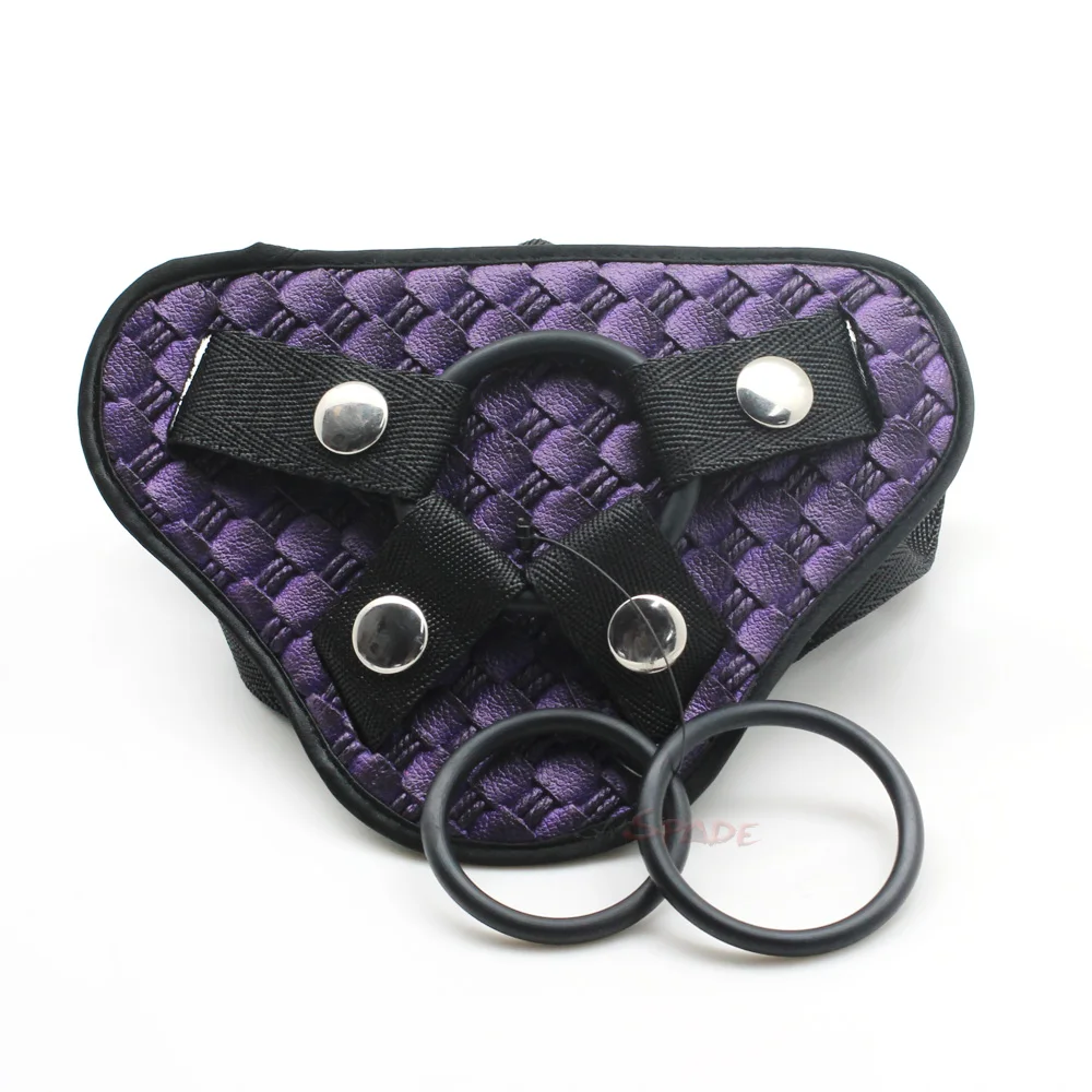 Smspade HN 2003 purple PU unisex font b dildo b font strap on harness with three