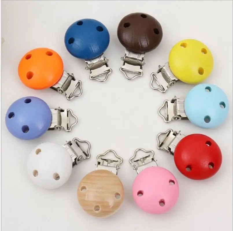 Metal Wooden Baby Pacifier Clips Solid Color Holders Cute Infant Soother Clasps Holders