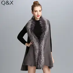 SC118 2018 модная шаль сплошной цвет искусственного меха лисы вязаный жилет женские из искусственного меха воротник кардиган пончо свитер без
