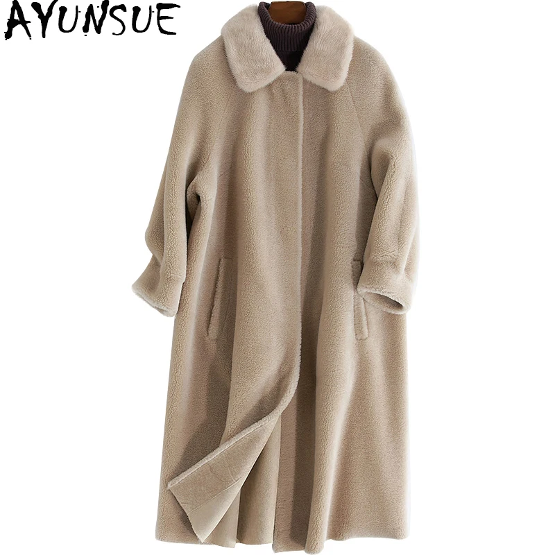 AYUNSUE 2020 Winter Jacket Women Sheep Shearing Coats Thick Real Wool Fur Coat Female Natural Mink Collar Long Outerwear 23121-1 | Женская