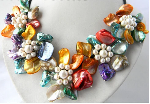 

18'' Handmade 40MM Multicolor Shell White Freshwater Pearl Flower Necklace AAA style Fine Noble real Natural free shipping