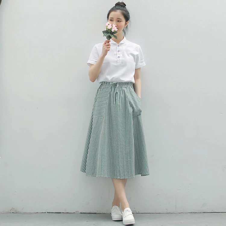 leather skirt Spring Summer Women Vertical stripes Skirts Casual Loose Cotton Linen Female With Pockets Vintage Elastic waist lacing Skirts tennis skirt outfits