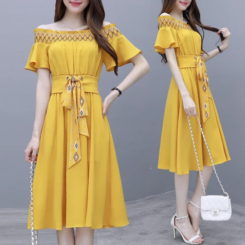 

Slash Neck Casual Embroidery Yellow Dress Korean Midi Runway Dresses High Waist Chiffon Bohemian Dress Elegant Holiday Clothes