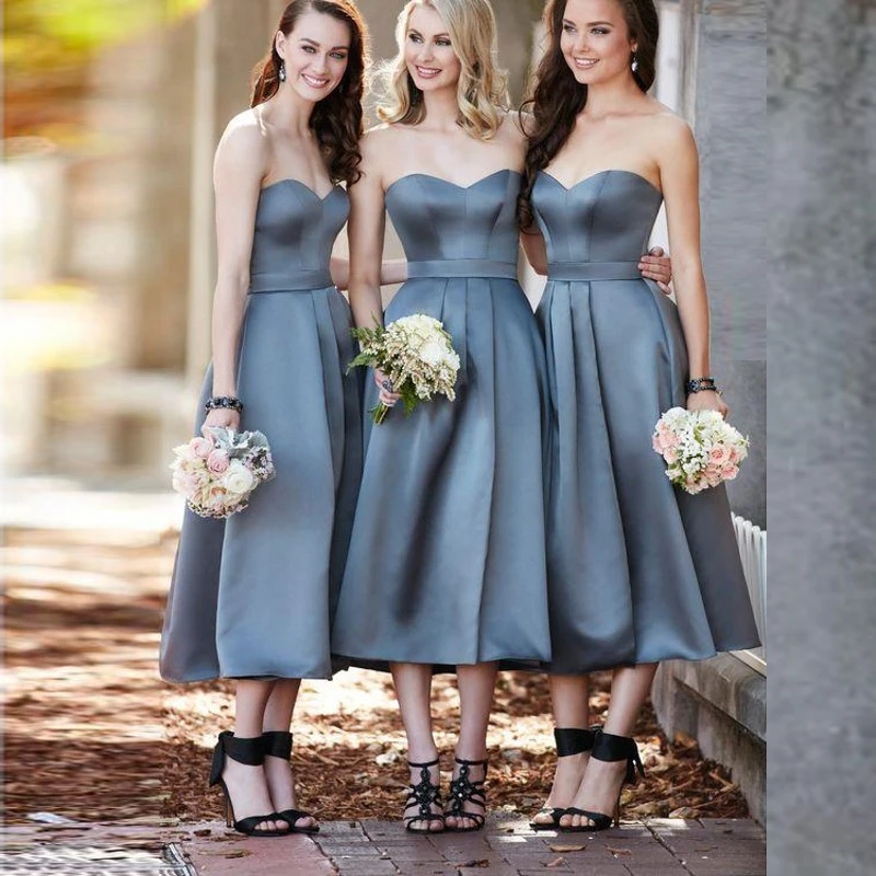 Corte Avispón acantilado Simple Gris Satinado Dama de Honor Vestidos de Novia Fuera del Hombro de Té  Longitud de la Boda Vestido de Fiesta vestidos longos PB73|bridesmaid  dresses|satin bridesmaid dresssatin bridesmaid - AliExpress