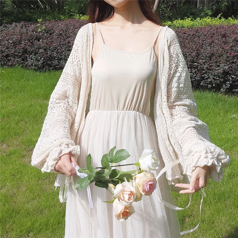 Женское корейское платье принцессы, винтажное милое кружевное Свободное платье, рукав-фонарик, длинный рукав, миди, защита от загара, кардиган, белое пальто