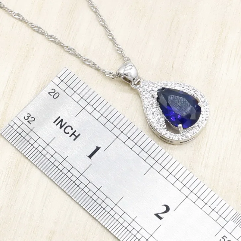 Королевский синий полудрагоценный 925 Серебряный свадебный ювелирный набор для женщин браслет обруч серьги ожерелье кулон кольца Подарочная коробка
