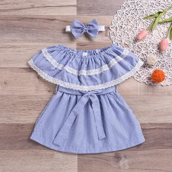 

New Kids Girls Dress Sets 2Pcs Kids Striped Pattern Dresses Casual Sleeveless Tutu Sundress With Headba