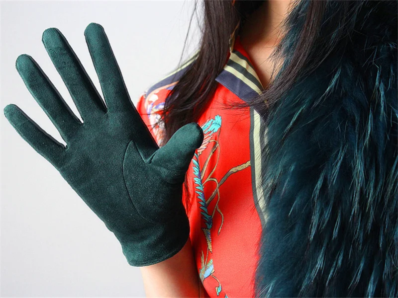 Замшевые перчатки очень длинные 70 см матовая шлифовальная замша имитация кожи женские модели темно-зеленый 5-JPSL70