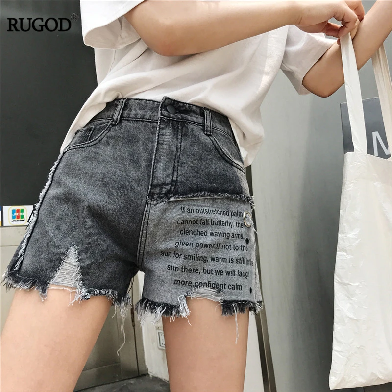 

RUGOD High waist women denmin shorts ripped jeans letter print fashion harajuku streetwear pocket skinny modis jeans mujer