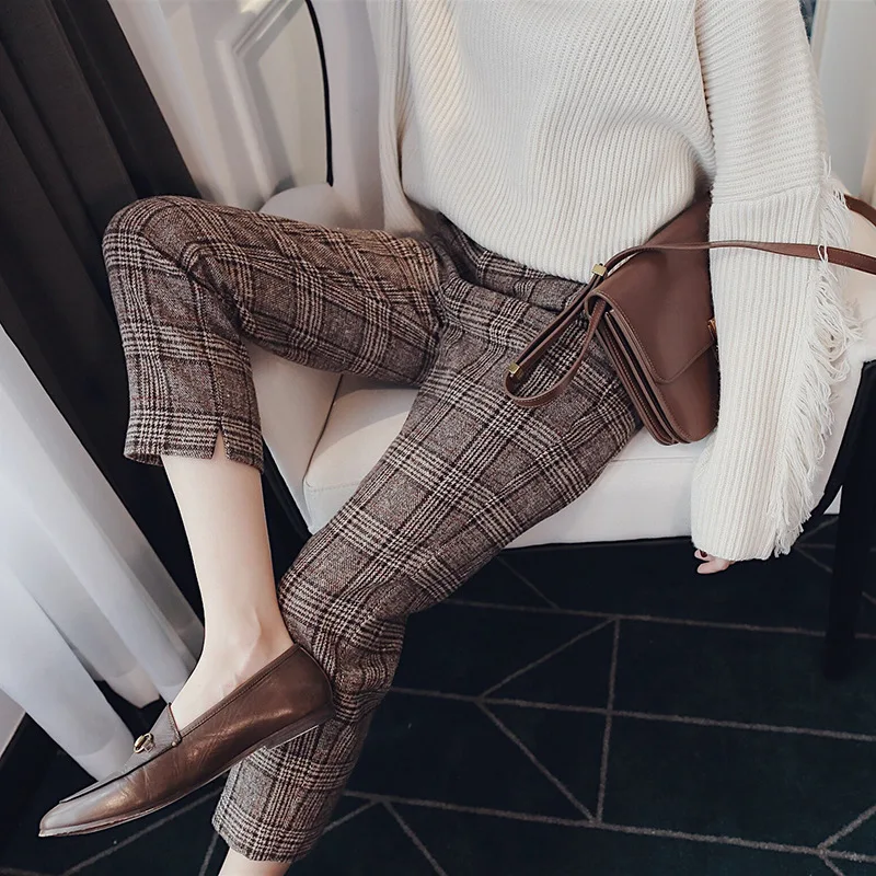 

Vintage plaid wool long pants women winter long harem pants pencil pants 2018