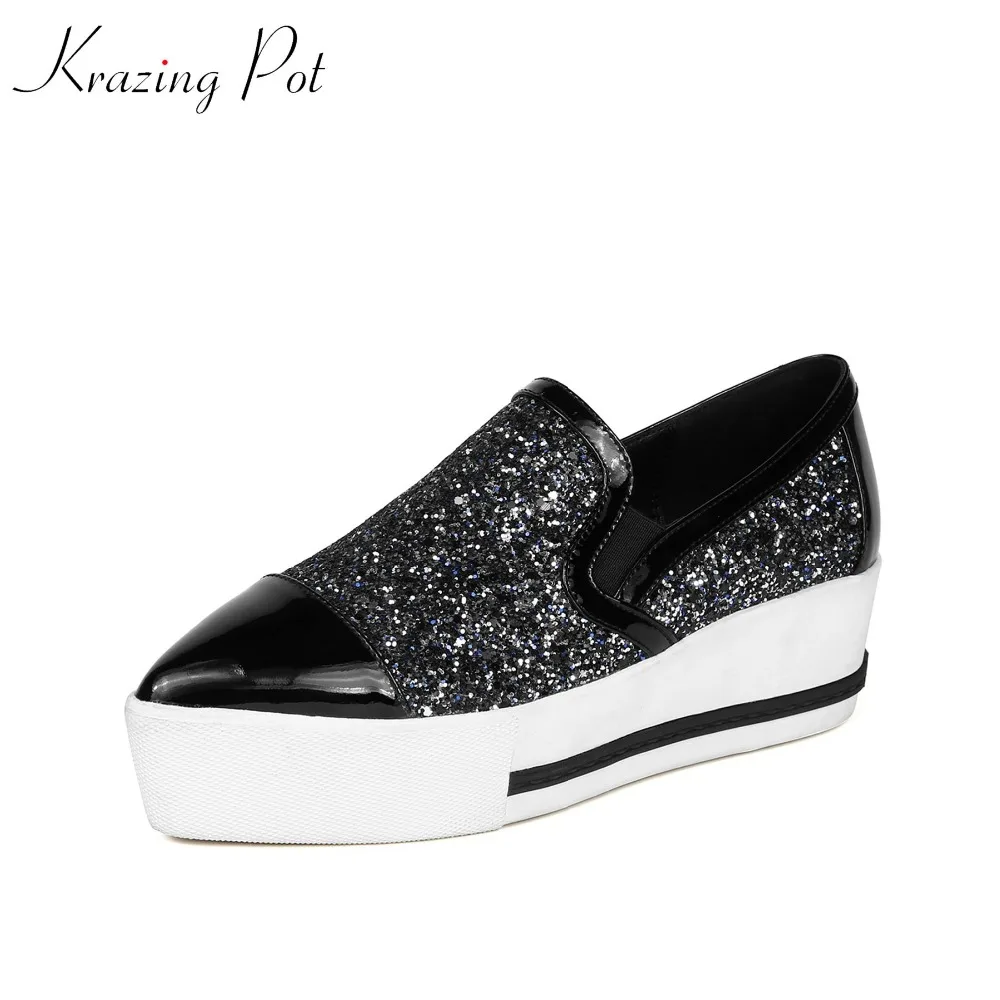 Krazing pot 2018 high street fashion bling cow leather solid wedges med heels pointed toe leisure slip on women spring pumps L08