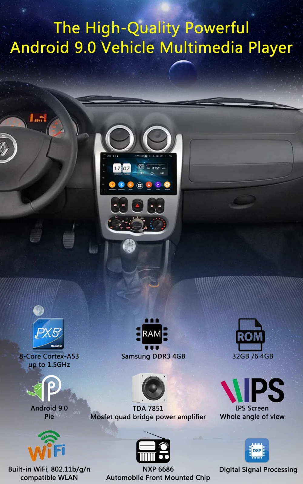 " ips Android 9,0 8 ядерный 4G+ 64G Автомобильный плеер мультимедиа для Renault Logan Sandero Duster DACIA Logan Sandero CarPlay DSP Parrot BT