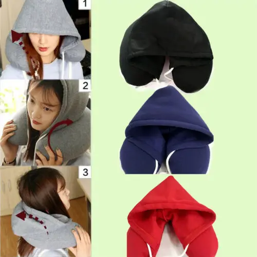

Portable Hooded Neck Pillow Hoodie Support Headrest Car Flight Travel Soft Train U-Shape