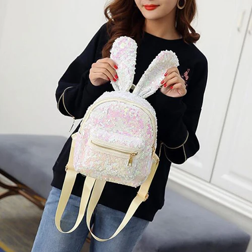 Yogodlns женский рюкзак с блестками с милыми заячьими ушками, двойная сумка на плечо, мини-рюкзаки для девочек, ранец для путешествий с блестками - Цвет: white