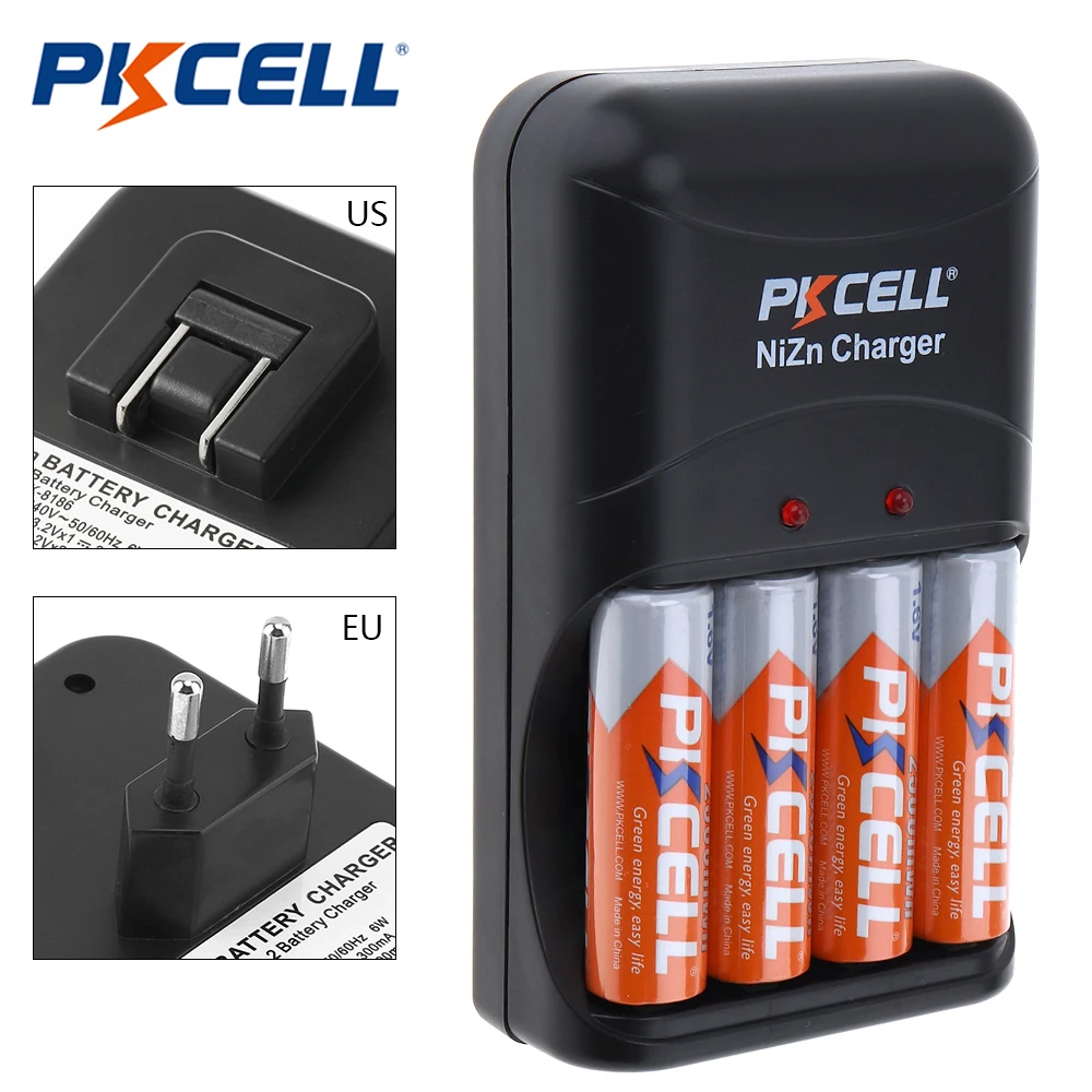 

4pcs PKCELL 2500mWh 1.6V Ni-Zn AA Rechargeable Battery with Over-current Protection + 1pcs 4 Slots AA AAA NiZn Battery Charger