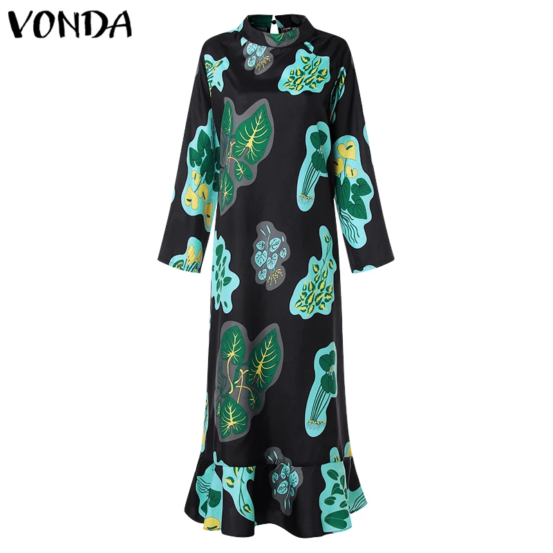 VONDA Summer Dress Women Long Maxi Dress Vintage Floral Printed Long Sleeve Loose Beach Sundress Plus Size Casual Vestidos - Цвет: Green