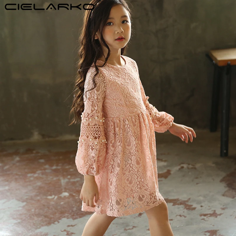 

Cielarko Long Sleeve Girls Lace Dress Flower Birthday Party Dresses Vintage Princess Children Frock Autumn Clothes for 4-8 Years