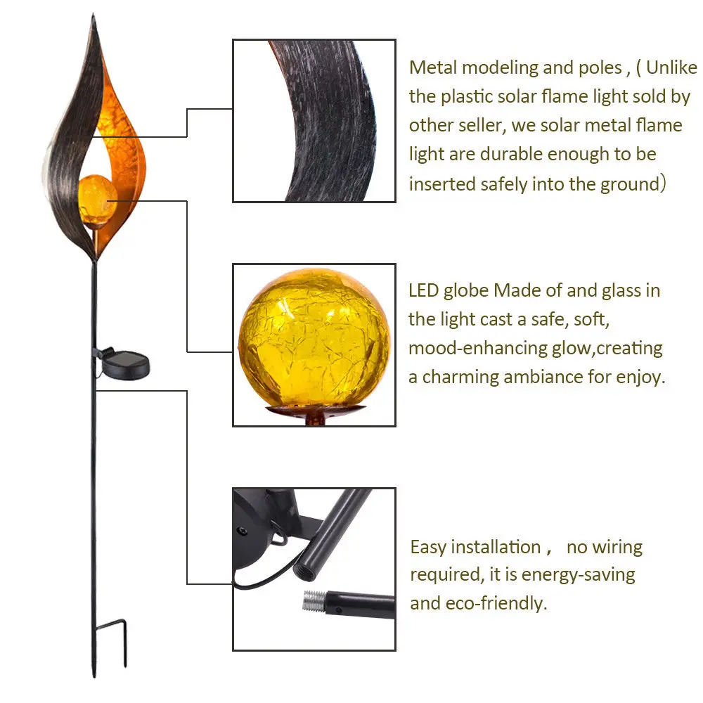 Светодиодный металлический садовый светильник на солнечных батареях, наружный эффект пламени, украшение для газона
