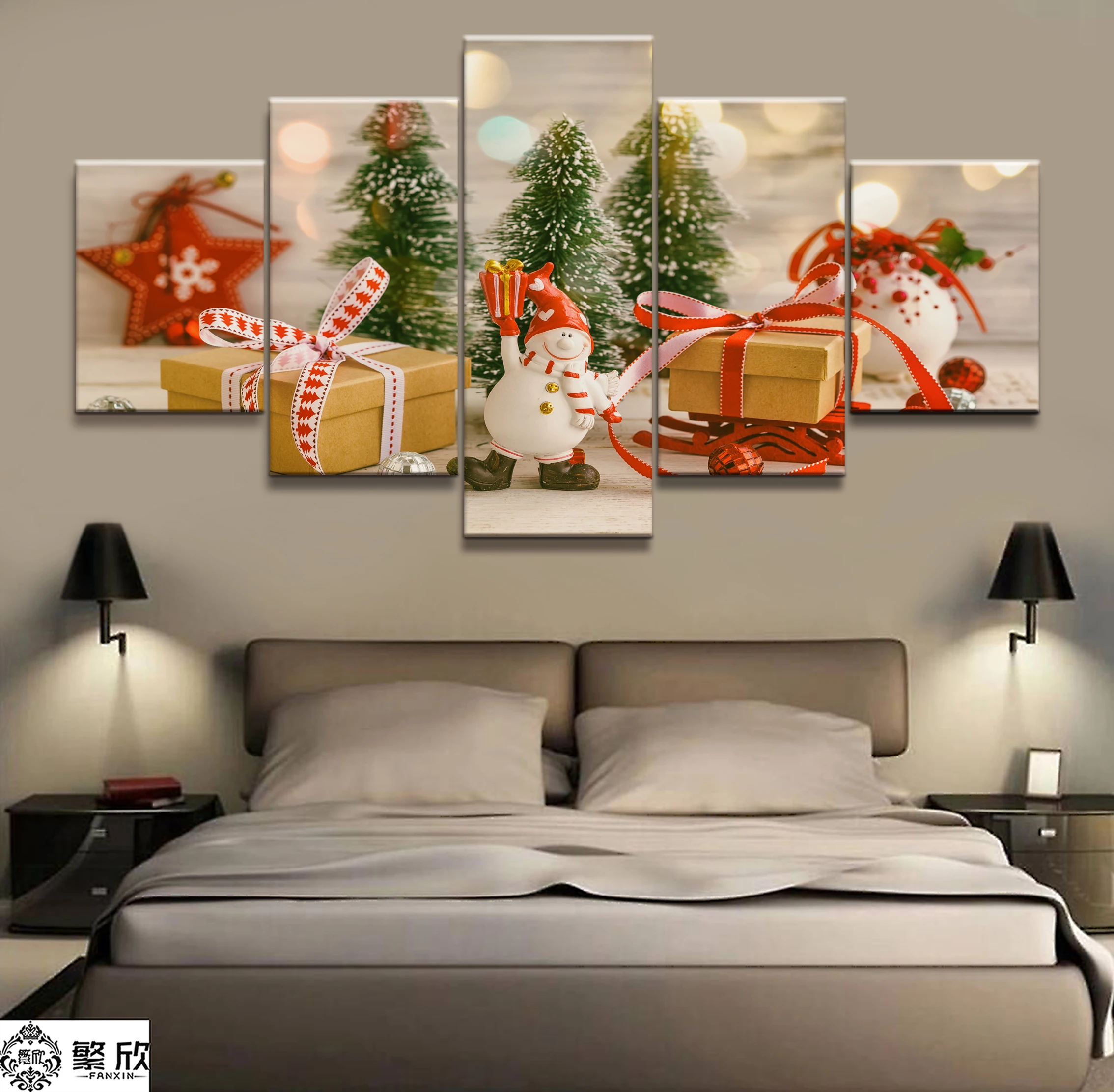 

5 Panel Christmas Gifts Canvas Printed Christmas Decorations Painting For Living Room Wall HD Picture Artworks Poster Wholesale