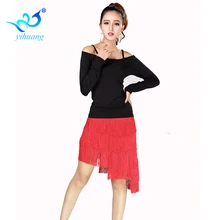 ; женские туфли для латинских танцев костюм комплект бальных танцев сальса Румба/самбы/Танго костюмы для танцев с бахромой, 2 шт. Топы+ юбка с длинным рукавом